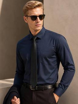 Hancock - Men Navy Blue Solid Cotton Elastane Slim Fit Party Shirt