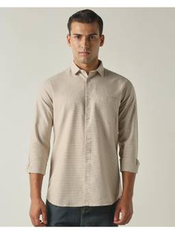 Reid & Taylor - Mens Pure Cotton Houndstooth Checks Slim Fit Full Sleeve Casual Shirt - Beige