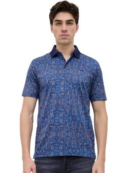 Park Avenue - Regular Fit Dark Blue Printed Cotton T-shirt