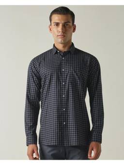 Reid & Taylor - Mens Pure Cotton Checks Slim Fit Full Sleeve Formal Shirt - Navy Blue