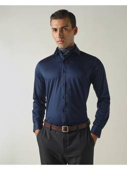 Reid & Taylor - Mens Cotton Elastane Solid Slim Fit Full Sleeve Formal Shirt - Navy Blue