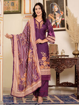 Vbuyz - Digital Print Muslin Silk Purple Pakistani Style Kurta Palazzo & Dupatta (Set of 3)