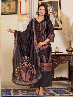 Vbuyz - Digital Print Muslin Silk Brown Pakistani Style Kurta Palazzo & Dupatta (Set of 3)