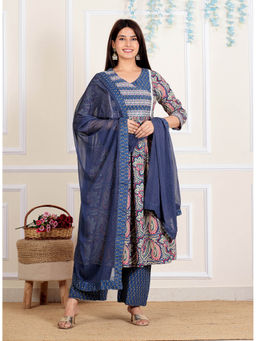 Vbuyz - Embroidered Anarkali Cotton Multi-Color Stitched Kurta Palazzo & Dupatta (Set of 3)