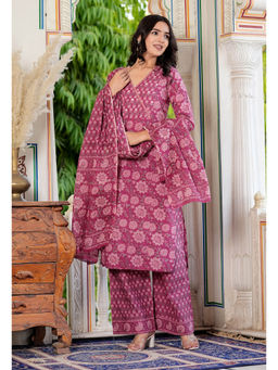 Vbuyz - Floral Printed Straight Cotton Dark Pink Stitched Kurta Palazzo & Dupatta (Set of 3)