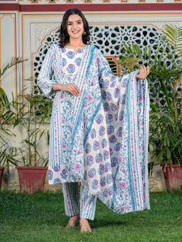 Vbuyz - Floral Printed - Sequence Work Straight Cotton Blue Kurta Pants & Dupatta (Set of 3)