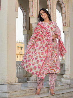Vbuyz - Floral Printed - Sequence Work Straight Cotton Pink Kurta Pants & Dupatta (Set of 3)