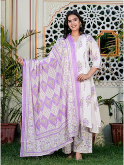Vbuyz - Floral Printed A-Line Cotton White and Purple Stitched Kurta Palazzo & Dupatta (Set of 3)