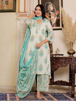Vbuyz - Floral Printed A-Line Cotton White and Turquoise Kurta Palazzo & Dupatta (Set of 3)