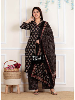 Vbuyz - Mirror Work Straight Cotton Brown Stitched Kurta Palazzo & Dupatta (Set of 3)