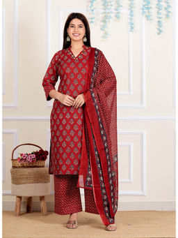 Vbuyz - Mirror Work Straight Cotton Maroon Stitched Kurta Palazzo & Dupatta (Set of 3)