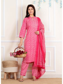 Vbuyz - Box Printed Straight Cotton Pink Stitched Kurta Pants & Dupatta (Set of 3)