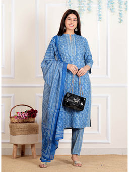 Vbuyz - Box Printed Straight Cotton Blue Stitched Kurta Pants & Dupatta (Set of 3)