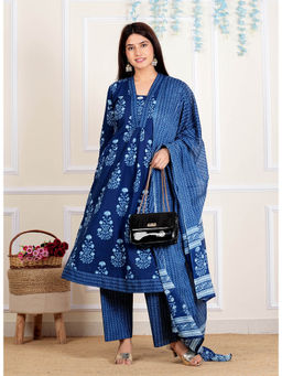 Vbuyz - Floral Printed Stylish Neck Style Flared Cotton Blue Kurta Pants & Dupatta (Set of 3)