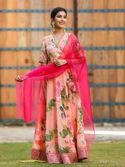 Gillori - Nalini Long Chanderi Peach Maxi Dress with Dupatta (Set of 2)