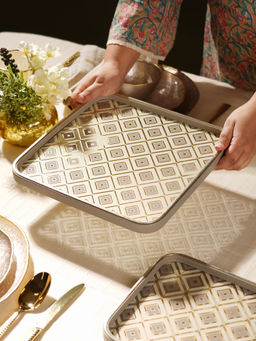 Pure Home + Living - Beige Printed Square Faux Leather Tray
