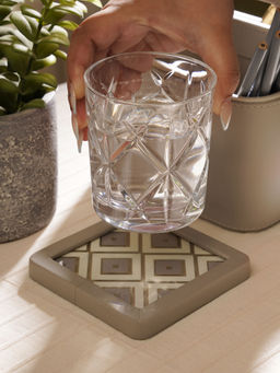 Pure Home + Living - Beige & Cream Printed Glass Faux Leather Coasters