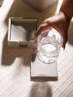 Pure Home + Living - Beige Faux Leather Coasters with Stand (Set Of 5)