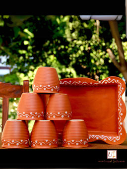 Unravel India - Brown Ceramic Kullad Cups with Trays (Set Of 7)