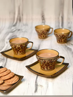 Unravel India - Brown Ceramic Cups and Saucers (Set Of 6)