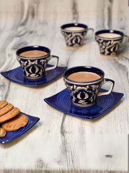 Unravel India - Blue Ceramic Cups and Saucers (Set Of 6)