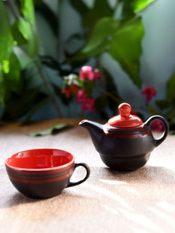 Unravel India - Black Single Cup & Kettle (Set Of 2 )