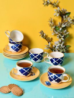 Unravel India - Multi-Color Ceramic Cups and Saucers (Set Of 6)