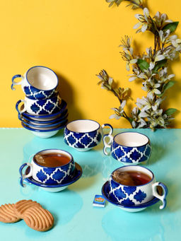 Unravel India - Navy Blue Ceramic Cups and Saucers (Set Of 6)