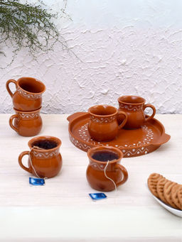Unravel India - Brown Ceramic Mugs with Trays (Sets Of 7)