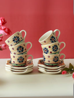 Unravel India - Floral Ceramic Cups and Saucers (Set Of 6)
