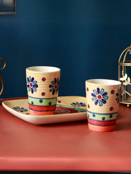 Unravel India - Floral Ceramic Glass with Tray (Set Of 3)