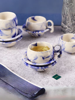 Unravel India - White & Blue Ceramic Cups and Saucers (Set Of 6)