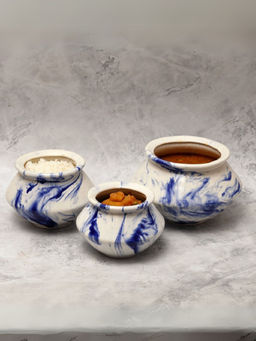 Unravel India - White & Blue Ceramic Handi Serving Bowl (Set Of 3)