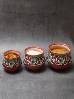 Unravel India - Multi-Color Ceramic Handi Serving Bowl with Lid (Set Of 3)