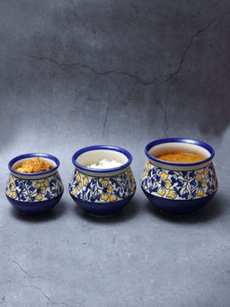 Unravel India - Blue Floral Ceramic Handi Serving Bowl with Lid (Set Of 3)