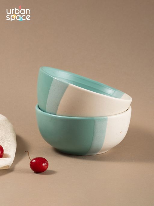 Urban Space Handcrafted Ceramic Bowls - 450 Ml, Ocean Green Pearl