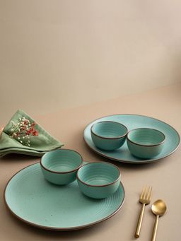 Urban Space - 6 Piece Ceramic Dinner Set, 2 Plates (10") & 4 Katori (200Ml) - Green