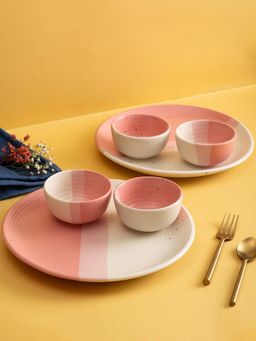 Urban Space - 6 Piece Ceramic Dinner Set, 2 Plates (10") & 4 Katori (200Ml) - Pink Pearl