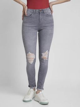 Spykar - Women Mid Grey Lycra Skinny Fit Regular Length Mild Distressed Jeans -(adora)