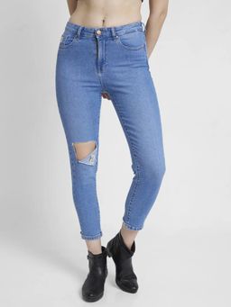 Spykar - Women Light Blue Lycra Mom Fit Ankle Length Knee Slit Jeans -(amora)
