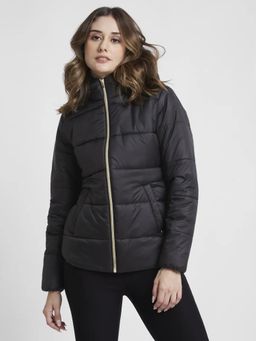 Spykar - Women Black Regular Fit Hooded Plain Jacket