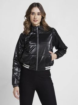 Spykar - Women Black Slim Fit High Neck Plain Crop Jacket