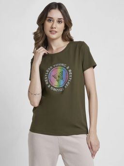 Spykar - Women Olive Green Blended Regular Fit Half Sleeve Round Neck Graphic T-shirt