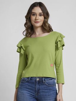 Spykar - Women Bay Leaf Blended Regular Fit Full Sleeve Round Neck Plain Top