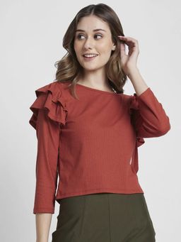 Spykar - Women Terracotta Blended Regular Fit Full Sleeve Round Neck Plain Crop Top