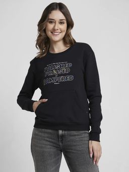 Spykar - Women Black Blended Regular Fit Round Neck Printed Sweatshirt