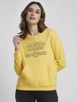 Spykar - Women Pineapple Yellow Blended Regular Fit Round Neck Printed Sweatshirt