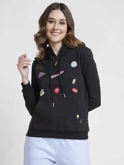 Spykar - Women Black Blended Regular Fit Hooded Plain Sweatshirt