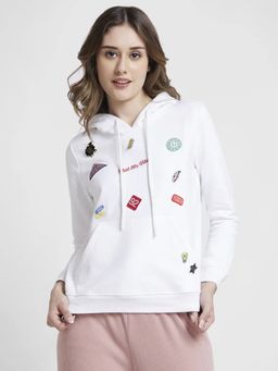 Spykar - Women White Blended Regular Fit Hooded Plain Sweatshirt