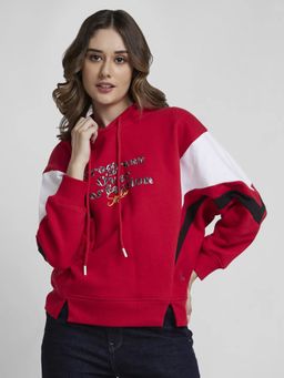 Spykar - Women Crimson Blended Comfort Fit Hooded Printed Sweatshirt